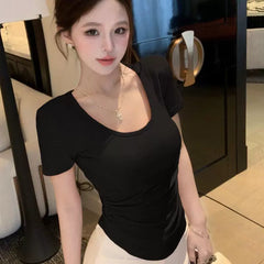 Foreign trade pure desire style sexy sweet and spicy girl lace splicing pure cotton short sleeved T-shirt for women's summer U-neck slim fit backless top