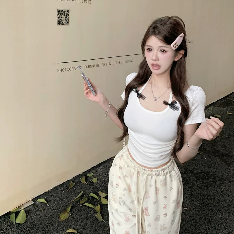 Foreign trade pure desire style hanging neck, super cute and high-end feeling, handmade butterfly bow showing CUP cut men's T-shirt, short sleeved women's pure cotton top