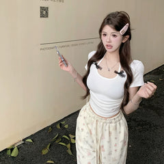 Foreign trade pure desire style hanging neck, super cute and high-end feeling, handmade butterfly bow showing CUP cut men's T-shirt, short sleeved women's pure cotton top