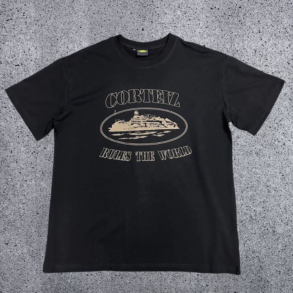 Corteiz "Rules The World" Alcatraz Graphic Tee (Black & Beige Edition)
