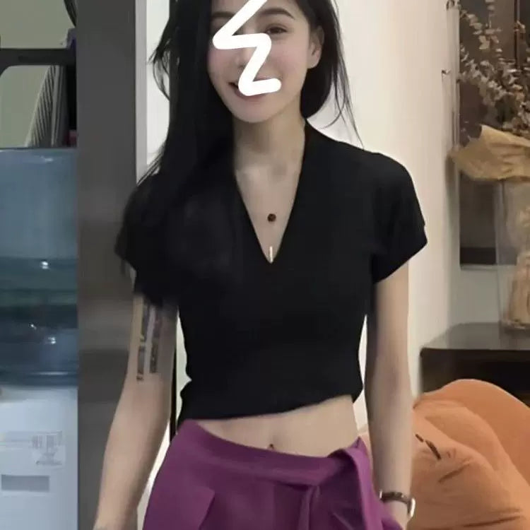 Foreign trade pure purple V-neck pure cotton short sleeved T-shirt for women in summer, sexy and spicy new style, slimming and revealing waist short top for women
