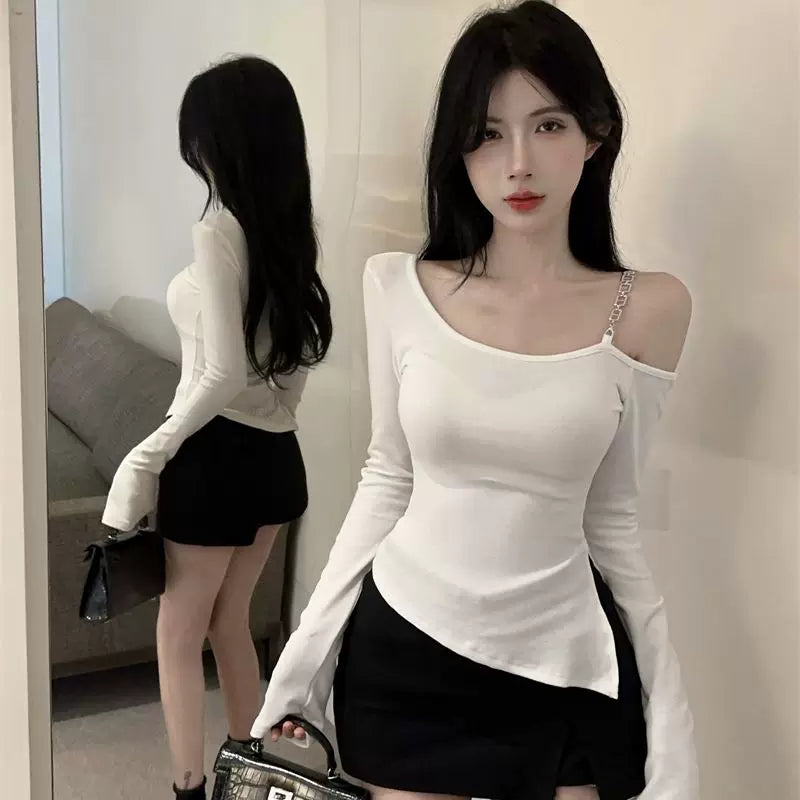 Pure Desire Wind Long Sleeve T-shirt for Women in Spring and Autumn, Spicy Girl, Sexy Slant Neck Design, Slimming Chain Shoulder, Pure Cotton Top