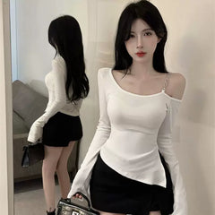 Pure Desire Wind Long Sleeve T-shirt for Women in Spring and Autumn, Spicy Girl, Sexy Slant Neck Design, Slimming Chain Shoulder, Pure Cotton Top