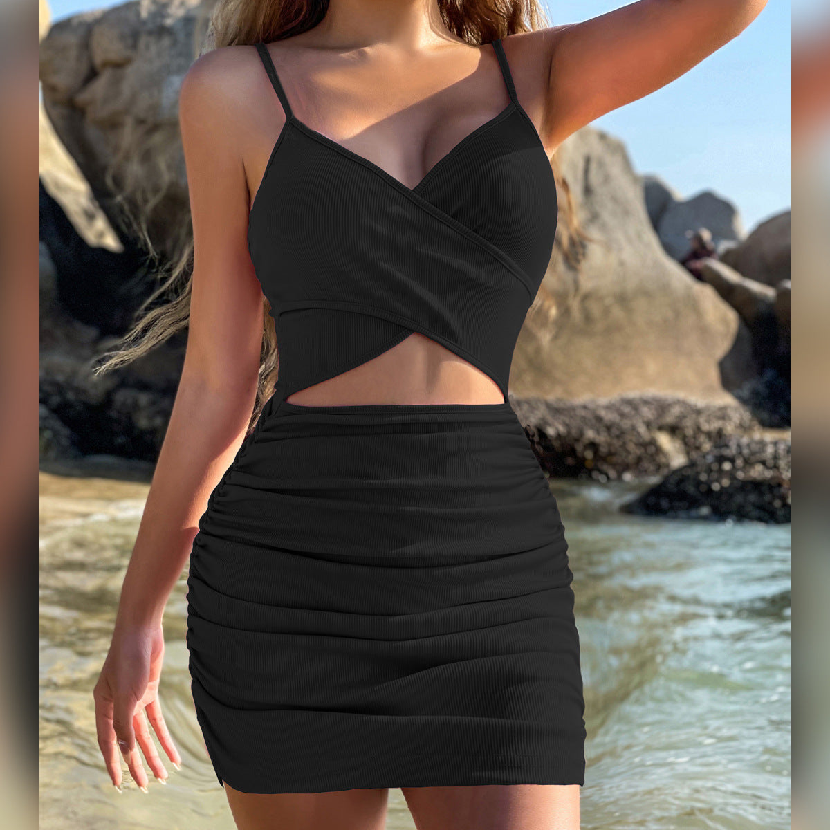 2026 New Amazon Cross border Women's Clothing European and American Cross suspender Hollow Dress