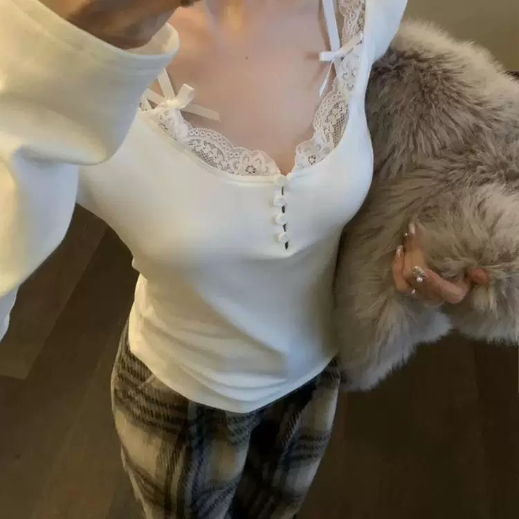Foreign trade new style pure desire Korean ins suspender spring and autumn base shirt chest revealing top black outer long sleeved t-shirt for women