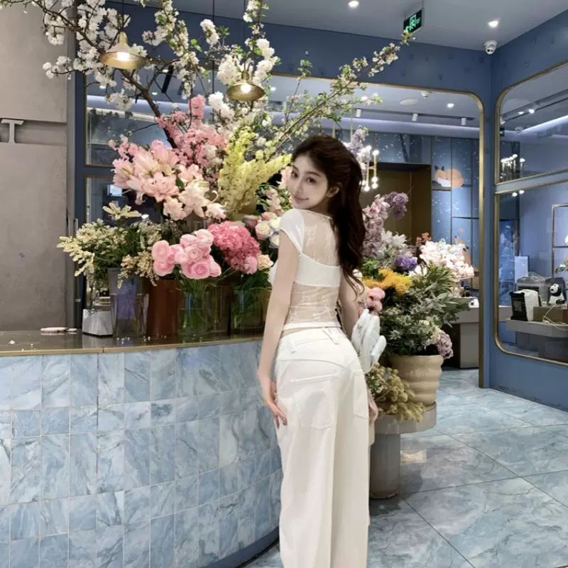 Foreign trade French style sweet and spicy white lace short sleeved T-shirt for women's summer slim fit and slimming design, pure desire spicy girl top