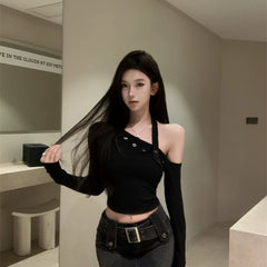 Foreign trade pure cotton pure desire style spicy girl off shoulder hanging neck base shirt, niche design, long sleeved chic unique T-shirt for women