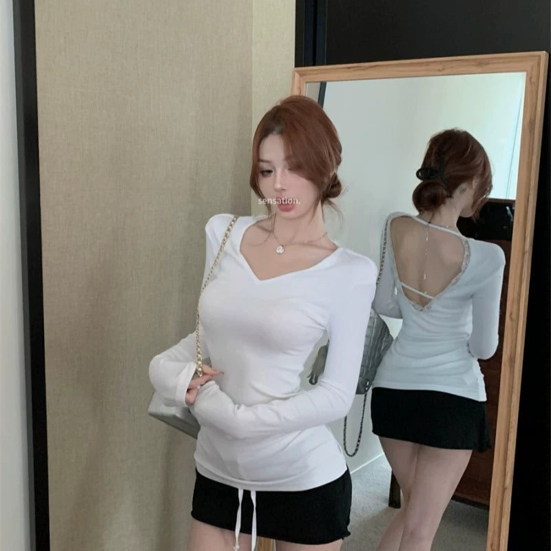 Foreign trade pure cotton backless lace patchwork long sleeved T-shirt for women in spring and autumn, thin fit, skin friendly, pure desire style base shirt