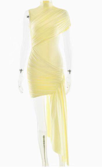 2026 European and American women's summer new fashionable slim fit round neck pleated bag hip irregular sleeveless sexy dress