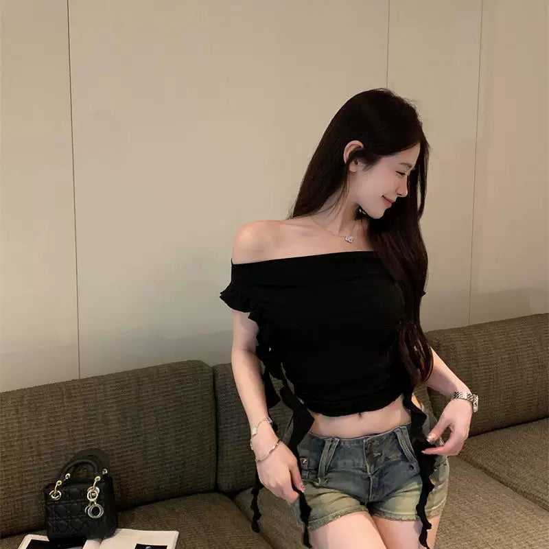 Foreign trade sexy spicy girl one shoulder lotus leaf edge short sleeved T-shirt for women summer black slim fit off shoulder short style solid color top