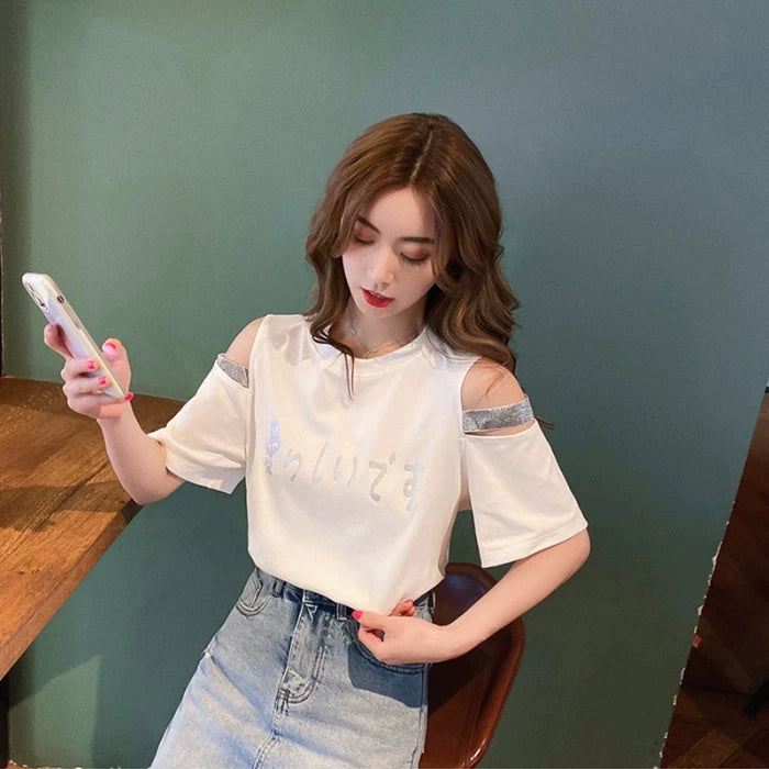 Foreign trade white short sleeved t-shirt women's summer outfit new Japanese off shoulder cute student loose design top ins trend