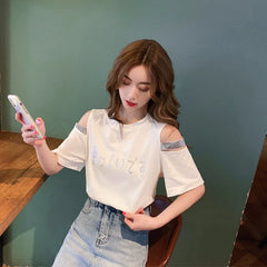 Foreign trade white short sleeved t-shirt women's summer outfit new Japanese off shoulder cute student loose design top ins trend