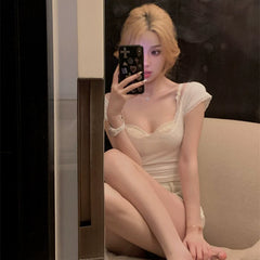 Pure cotton sweet and spicy white lace lace lace short sleeved T-shirt for women's summer slim fit square neck pure desire style sexy short top