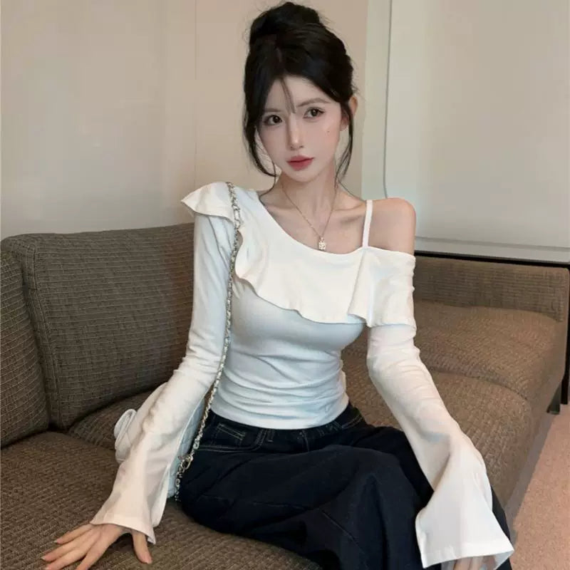 Pure desire style long sleeved t-shirt for women with split flared sleeves, spicy girl with slanted collar and ruffled edges, ins off shoulder top, pure cotton base shirt