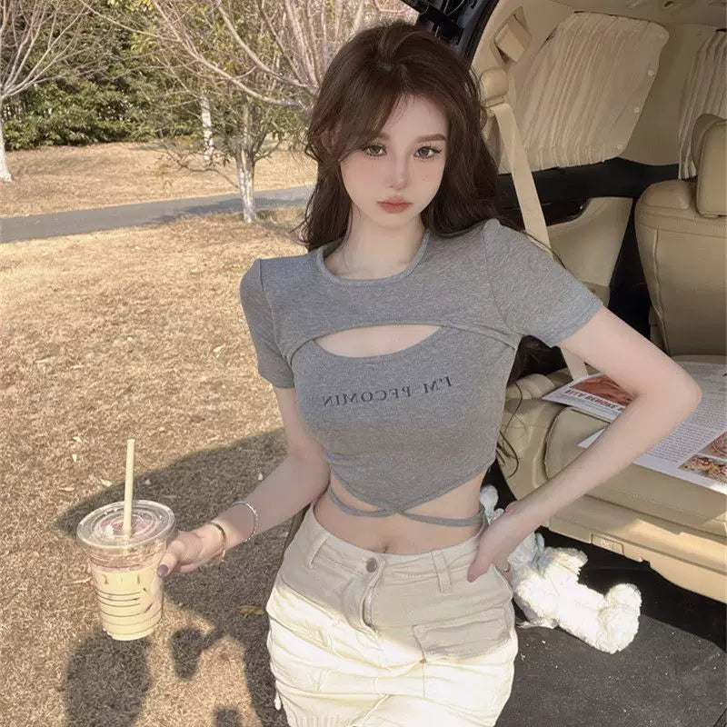 Spicy girl style hollow out strap T-shirt for women, short sleeved, American style slim fit, stunning chest design, niche short clothing