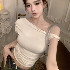 Foreign trade pure cotton t-shirt women's Korean style gentle and pure desire wind irregular off shoulder design sense summer slim fit short top
