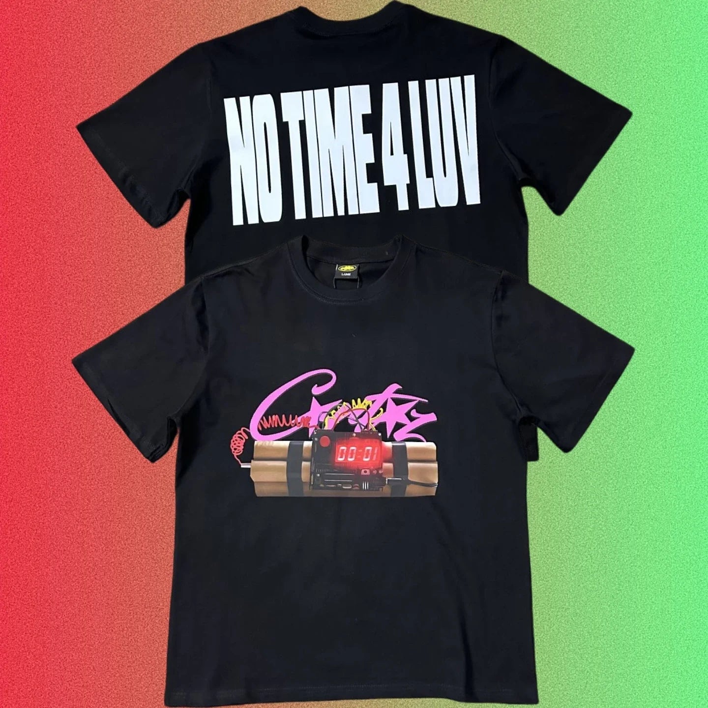 Cortiez "No Time 4 Luv" & Dynamite Bomb Graphic Black T-Shirt (Front & Back Print)