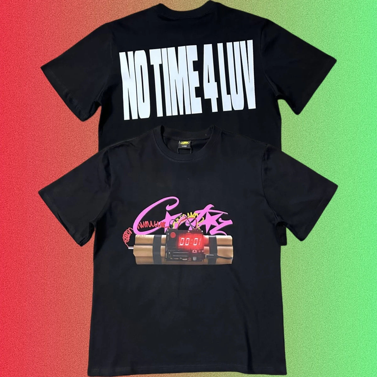 Cortiez "No Time 4 Luv" & Dynamite Bomb Graphic Black T-Shirt (Front & Back Print)