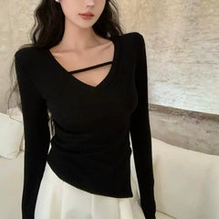 Foreign trade shoulder pad Korean version with a sense of new women's black spring and autumn V-neck elastic slimming top, spicy girl long sleeved T-shirt