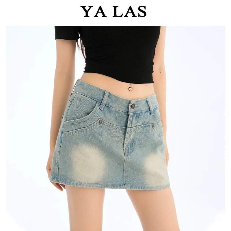 Washed blue denim skirt and pants for women in the summer of 2025, short and slim, versatile design, A-line short skirt