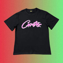 Cortiez Pink Cursive Star Script Logo Graphic Black T-Shirt