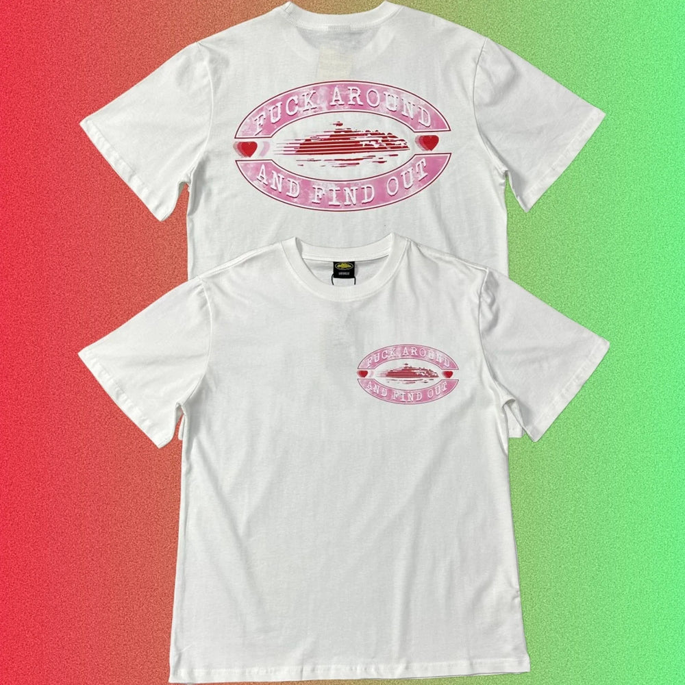 Cortiez "Fuck Around And Find Out" Pink Oval Ship Logo Graphic Black T-Shirt (Front & Back Print)