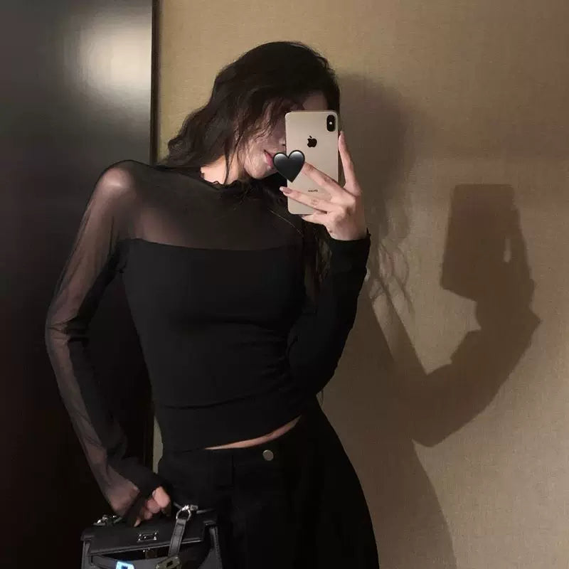 Sexy mesh patchwork half high neck long sleeved t-shirt for women in spring and autumn, slim fit and slimming short style, ins top, spicy girl style