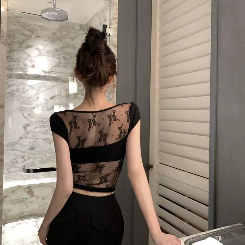 Foreign trade sexy style black lace short sleeved T-shirt for women in summer, slim fit and slimming, Korean ins design sense, niche top