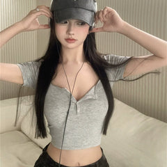 Foreign trade spicy girl short sleeved T-shirt women's shoulder summer 2024 new item pure desire style design feeling pure cotton short top women