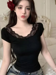 Foreign trade lace and lace sexy short sleeved T-shirt for women in summer, black slim fit U-neck design, spicy girl pure cotton upper garment