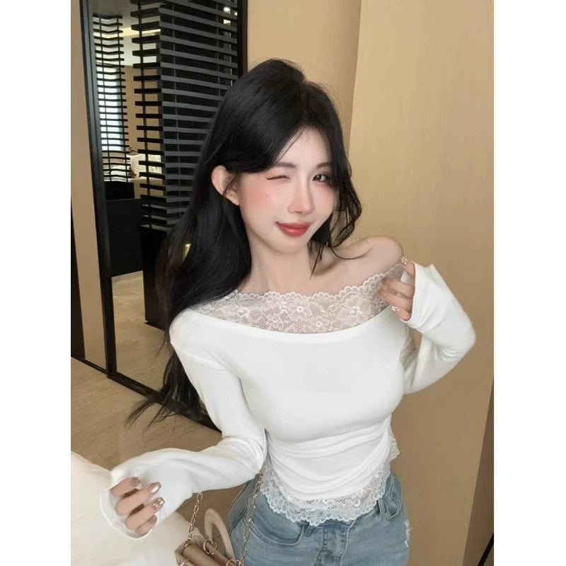 Foreign Trade Pure Desire Style Hot Girl Lace Off Shoulder One Piece Collar with Velvet Warm T-shirt for Women Short Style, Inner Pair, Long Sleeve Bottom Shirt