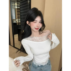 Foreign Trade Pure Desire Style Hot Girl Lace Off Shoulder One Piece Collar with Velvet Warm T-shirt for Women Short Style, Inner Pair, Long Sleeve Bottom Shirt