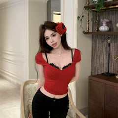 Foreign trade American internet celebrity V-neck short sleeved T-shirt, women's summer red lace splicing, slim fit and slimming, spicy girl personality clothes