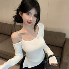 Pure Desire Wind Long Sleeve T-shirt for Women in Spring and Autumn, Spicy Girl, Sexy Slant Neck Design, Slimming Chain Shoulder, Pure Cotton Top