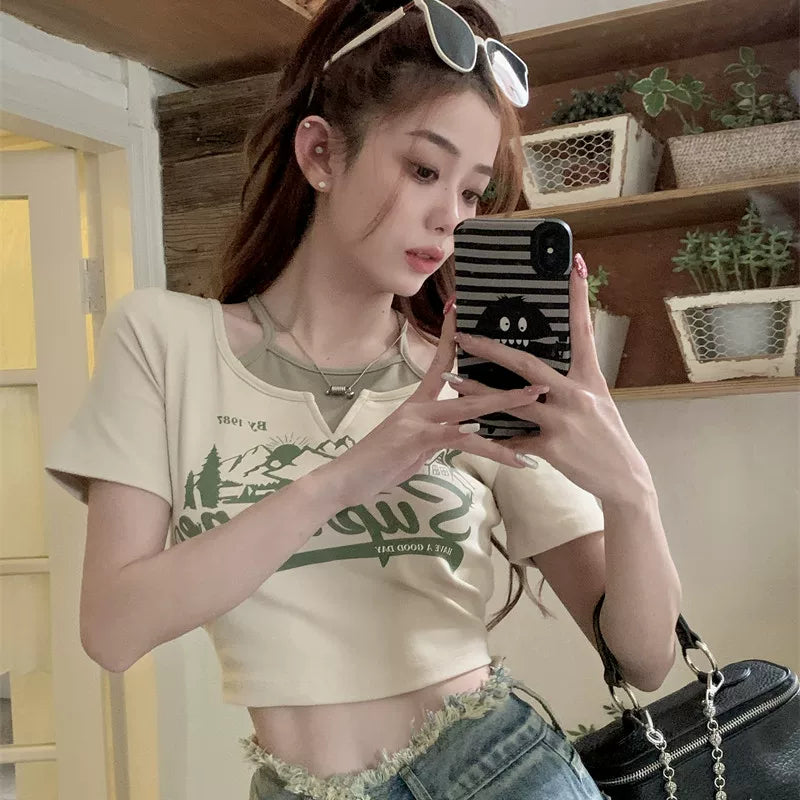 Foreign trade 2024 new summer vacation two slim fit pure desire style spicy girl ice silk short sleeved T-shirt women's short ins top