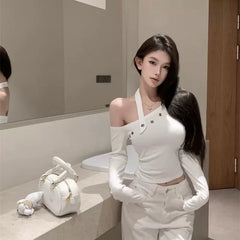 Irregular Shoulder Hanging Neck Long Sleeve T-shirt for Women in Spring and Autumn, American style Spicy Girl, Sexy Off Shoulder Top, Undercover