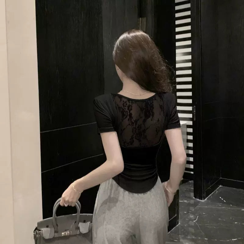 Foreign trade spicy girl black lace short sleeved T-shirt for women in summer, slim fit and slimming, round neck, pure desire, simple and versatile ins top