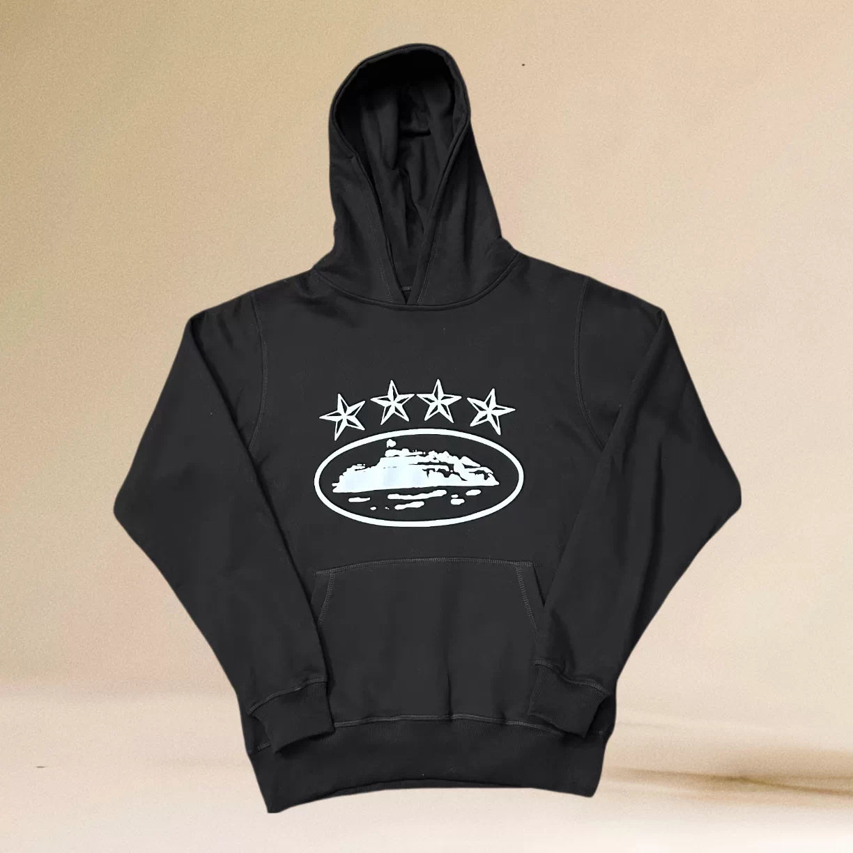 Corteiz Black & White 4-Star Alcatraz Island Logo Hoodie