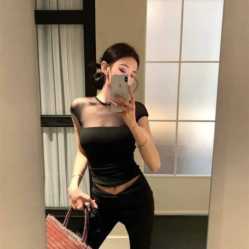 Foreign trade American style spicy girl style mesh splicing pure cotton short sleeved T-shirt for women in summer, black sexy perspective pure desire top