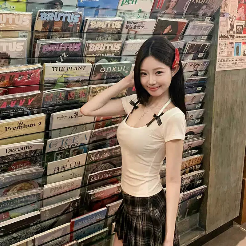 Foreign Trade Pure Desire Wind Hanging Neck Short Sleeve Shoulder T-shirt Women's Summer Bow Sweet Spicy Girl White Short Style Beautiful Top