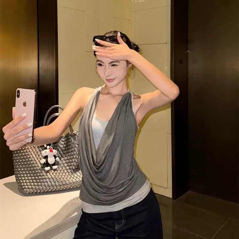 Foreign trade fake two collar camisoles women's summer sleeveless outerwear design pure desire style spicy girl gray top