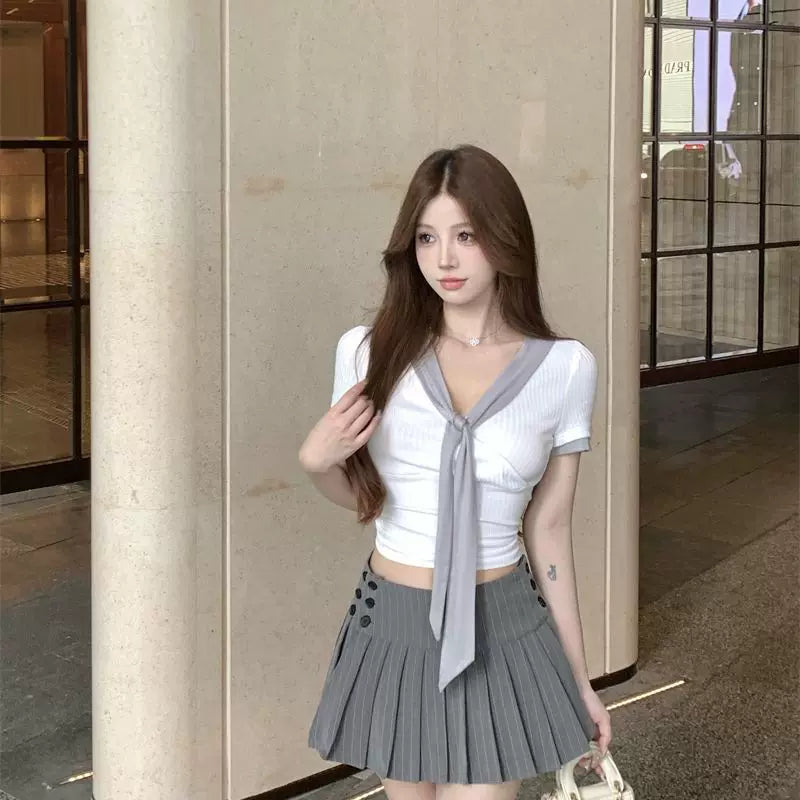 College of Foreign Trade style V-neck short sleeved T-shirt for women, gentle flowing ribbon, slim fit, slimming and age reducing, Korean ins design top