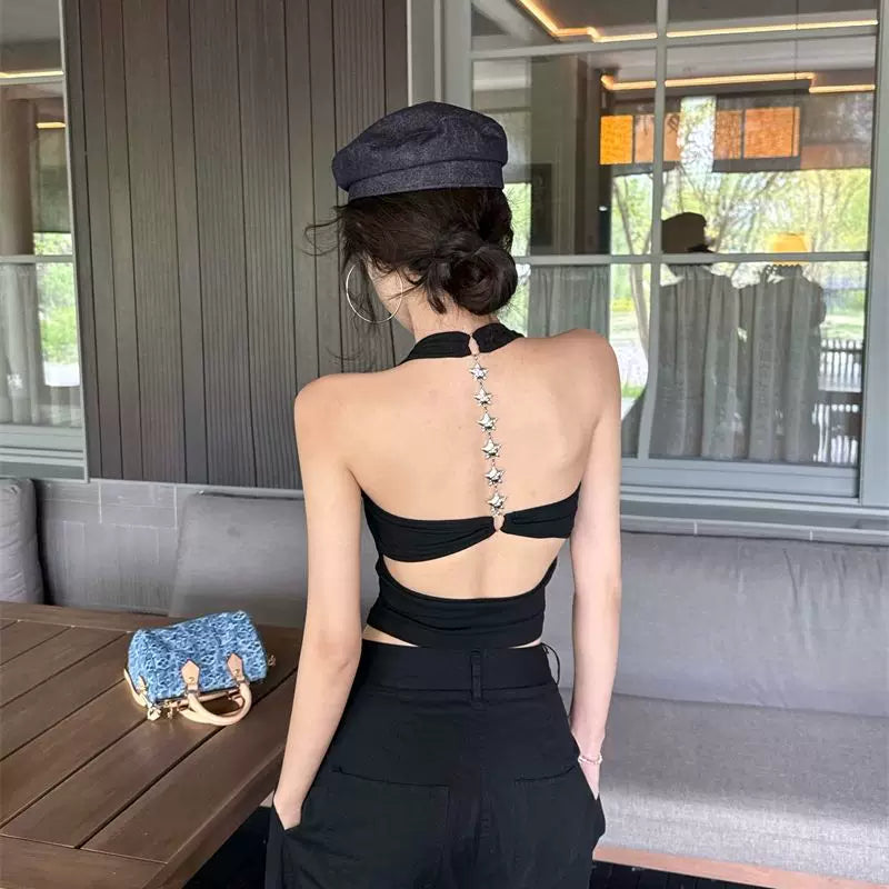 Hot girl sexy diamond chain backless hanging neck vest women's Korean version slim fit can be worn externally with camisole beautiful back pure desire sleeveless top