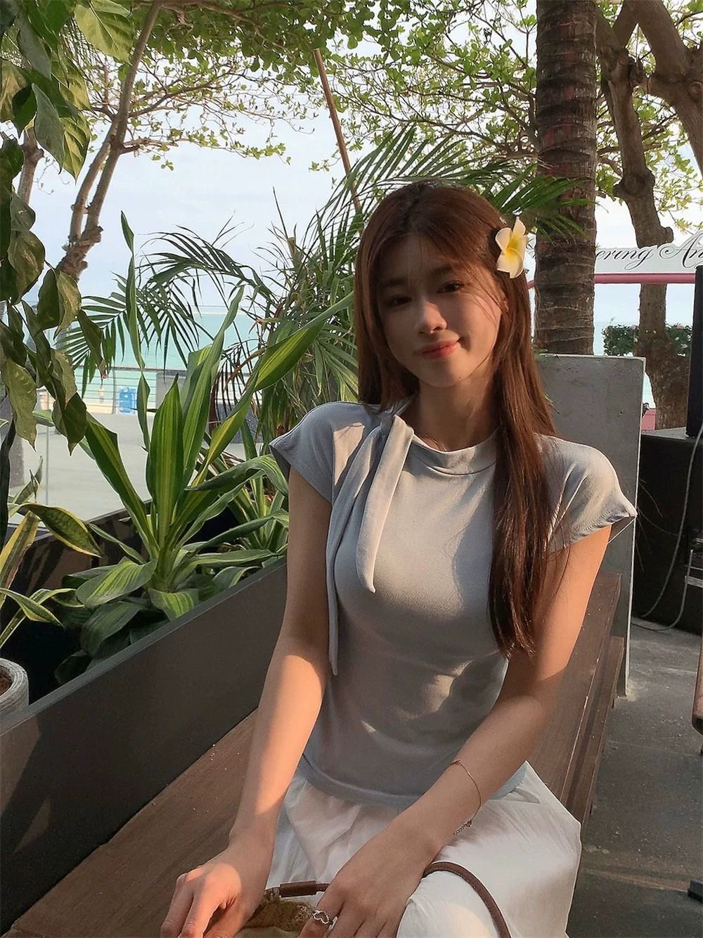 Foreign trade pure desire style spicy girl pure cotton short sleeved summer high neck design tie up T-shirt women's sweet cool chic short top