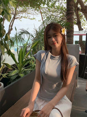 Foreign trade pure desire style spicy girl pure cotton short sleeved summer high neck design tie up T-shirt women's sweet cool chic short top