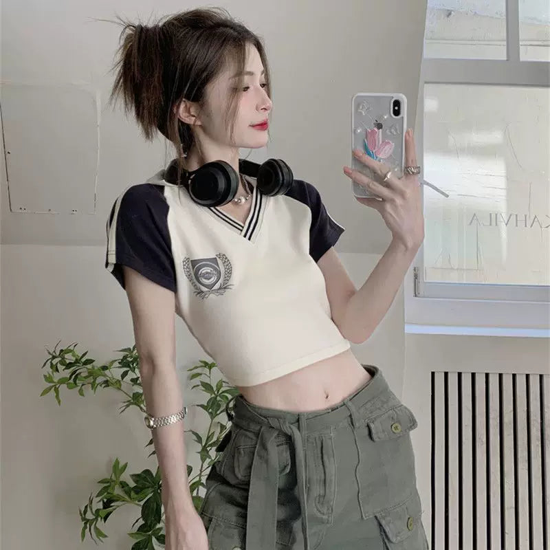American style stunning spicy girl style contrasting color V-neck short sleeved T-shirt, women's pure cotton, student slim fit and slimming short top T-shirt