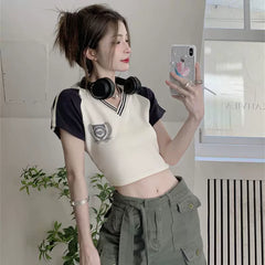 American style stunning spicy girl style contrasting color V-neck short sleeved T-shirt, women's pure cotton, student slim fit and slimming short top T-shirt