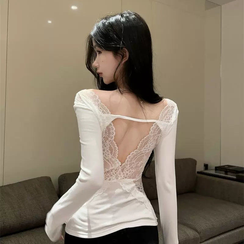 V-neck lace backless long sleeved T-shirt for women in spring and autumn, thin style, pure cotton, black, slim fit design, base top