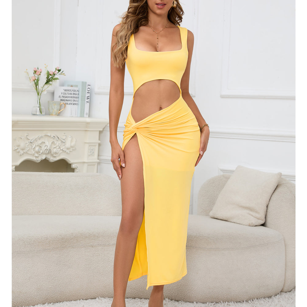 European and American Amazon Wish Cross border Women's Long Dress 2026 New Style Strap Solid Color Hollow Out navel Sexy Dress