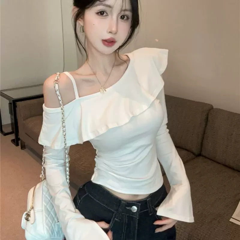 Pure desire style long sleeved t-shirt for women with split flared sleeves, spicy girl with slanted collar and ruffled edges, ins off shoulder top, pure cotton base shirt